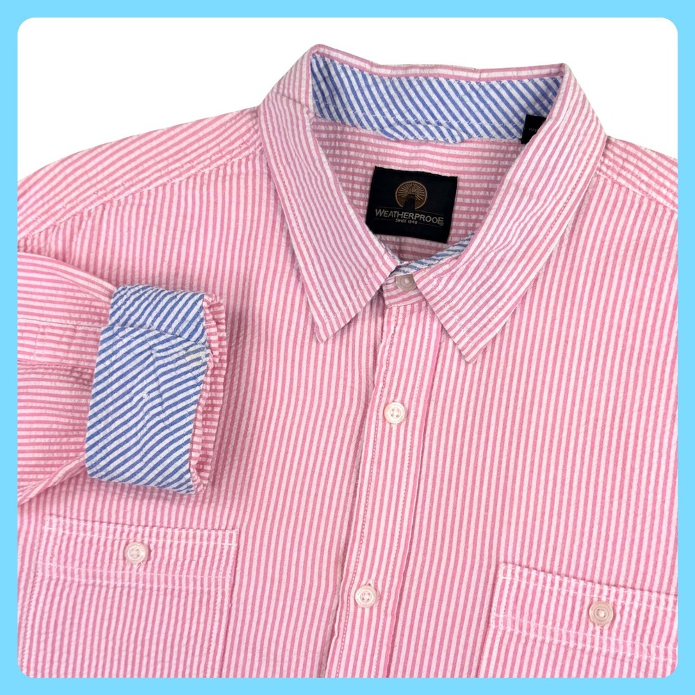 Weatherproof‎ Seersucker Button Down Shirt Men 2XL Pink White Cotton Striped